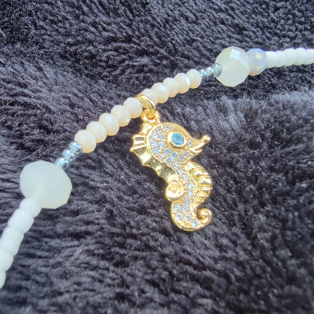 Womens Gemstone glass gold plated seahorse white Druzy bracelet